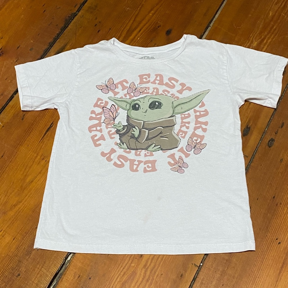 Star Wars White and Green Short Sleeve Tee with Baby Yoda Graphic Take it Easy